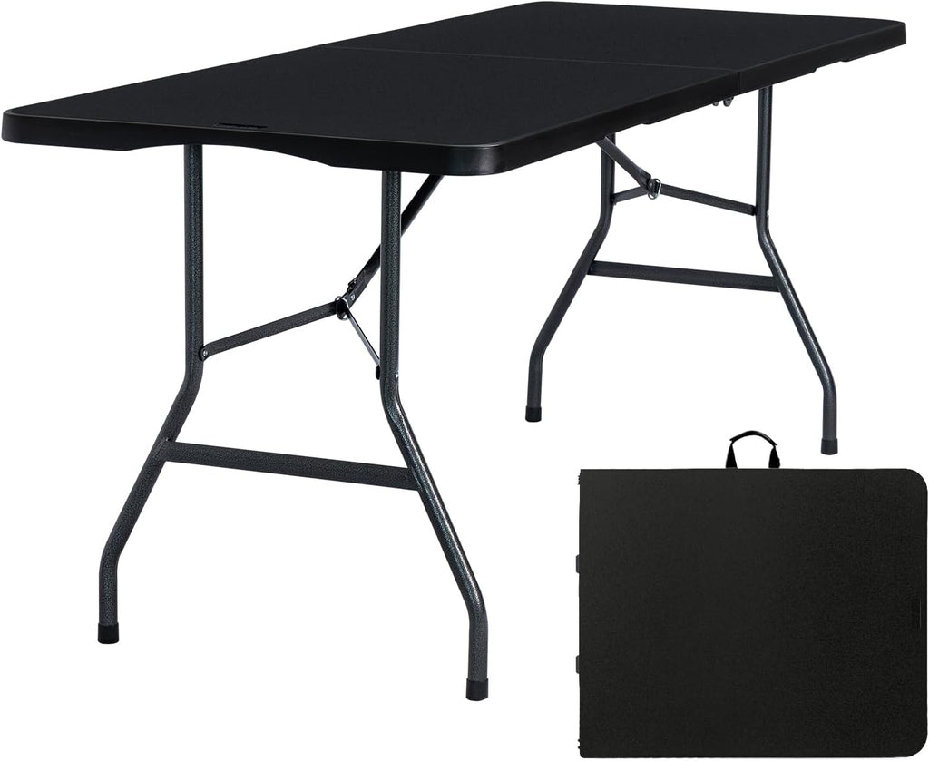Folding Table 6ft, Heavy Duty Portable Utility Table with Handle, Black | Fold-in-half Design,Easy Storage,HDPE Top,Sturdy Legs,330lbs Support,Indoor Outdoor Use for Dining,Parties,Picnic