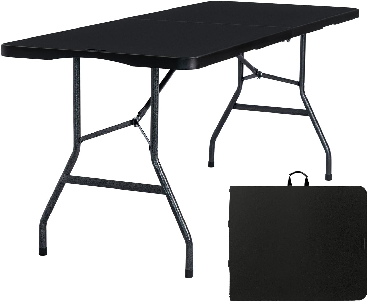Folding Table 6ft, Heavy Duty Portable Utility Table with Handle, Black | Fold-in-half Design,Easy Storage,HDPE Top,Sturdy Legs,330lbs Support,Indoor Outdoor Use for Dining,Parties,Picnic