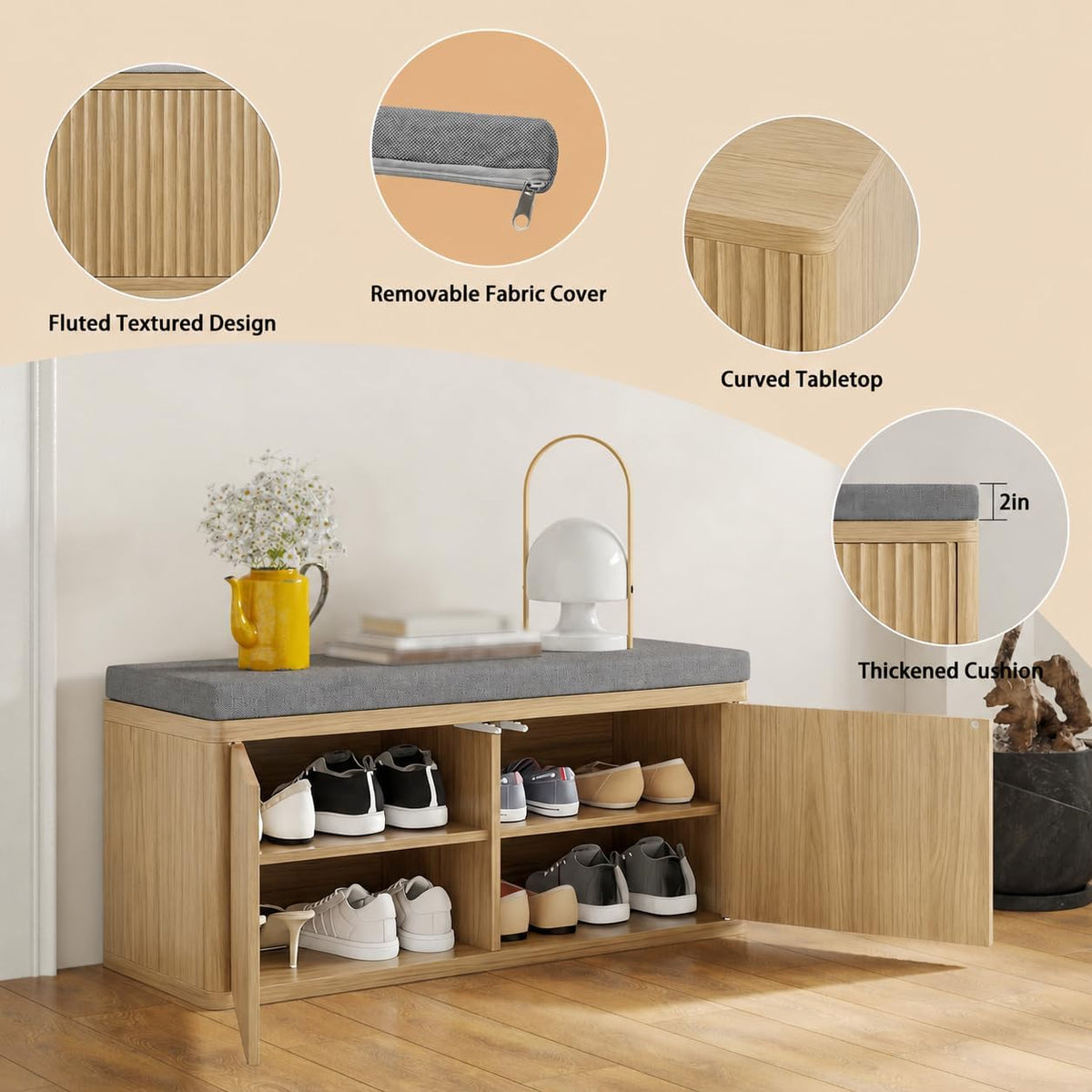 Entryway Shoe Storage Bench with 2" Cushion, 37.4" Small Bench with Shoe Rack, Cabinet Organizer for Hallway，Bedroom End of Bed (Light Oak)