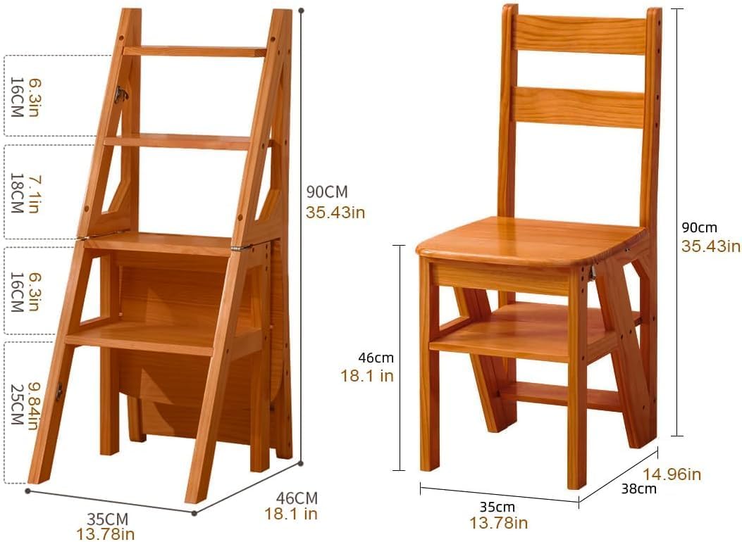 4 Tier Folding Step Ladder, 3-in-1 Wooden Folding Ladder Chair, Portable Multi-Function Step Stool, 198 lbs Capacity Indoor and Outdoor Display Rack Flower Rack,for Library,Home,Kitchen (Light Walnut)