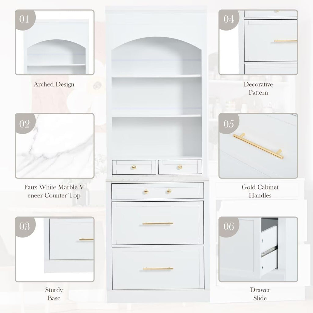 JIJIWANG Modern 83.7inch High Kitchen Pantry, Freestanding Tall Kitchen Hutch with Faux Marble Top, Display Cupboard Cabinet with 5 Storage Drawers and Adjustable Shelf, White