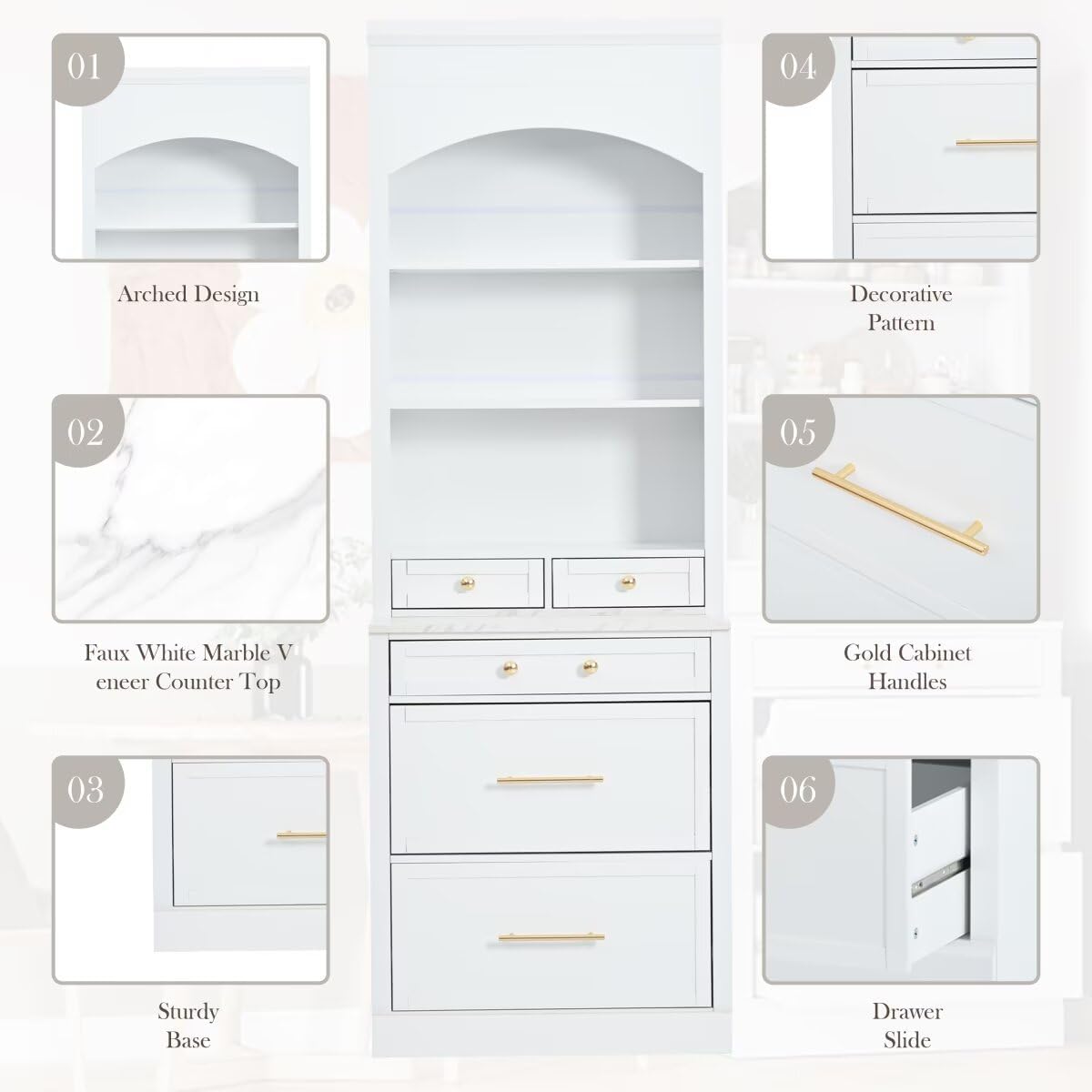 JIJIWANG Modern 83.7inch High Kitchen Pantry, Freestanding Tall Kitchen Hutch with Faux Marble Top, Display Cupboard Cabinet with 5 Storage Drawers and Adjustable Shelf, White