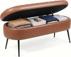 Storage Ottoman Bench, 43.7"PU Leather End of Bed Bench Walnut Brown | Bench with Large Hidden Storage, Tufted Upholstered Seat, Metal Legs, Mid-Century Modern, For Bedroom, Entryway, Living Room