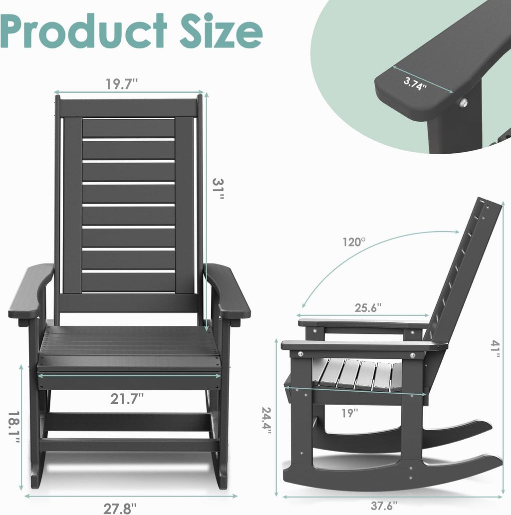 IVY&LANE Outdoor Rocking Chairs Set of 2 | Porch-Rockers | Grey | HDPE Plastic | All-Weather | High Back | Wide Seat | Oversized Patio Rocker for Adult | for Outside Deck Balcony Garden
