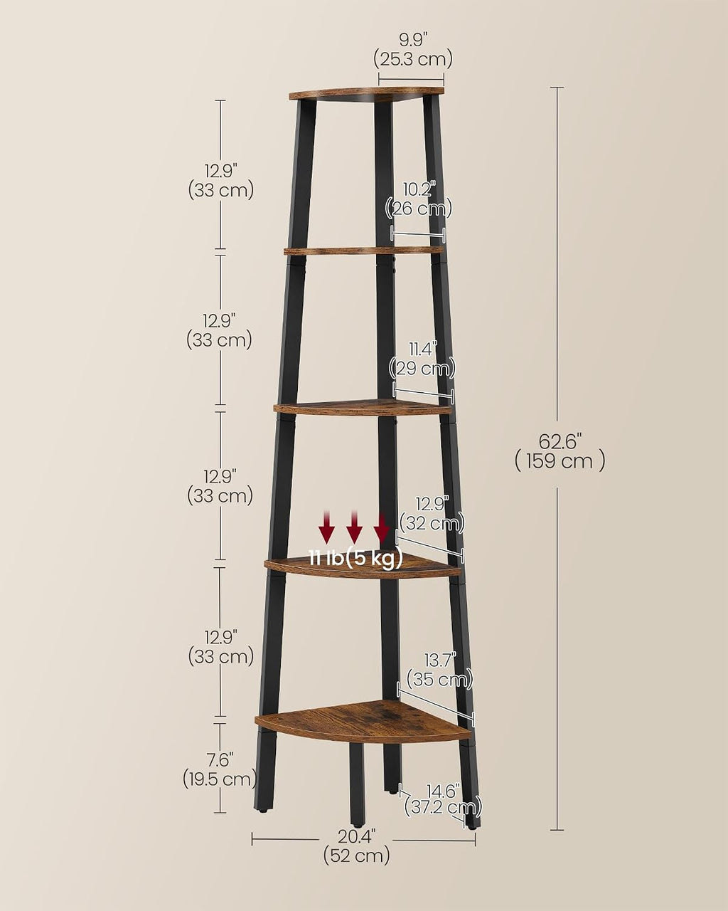 VASAGLE 5-Tier Corner Shelf Stand, Modern Ladder Shelf