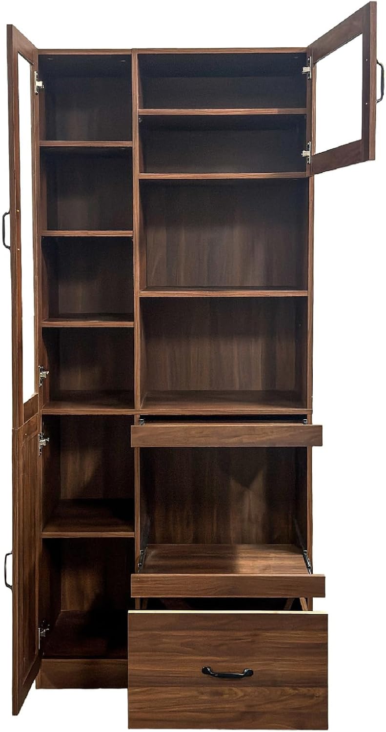 JOYSOURCE Tall Kitchen Hutch Cabinet with Pull-Out Shelves, Storage Drawer, Glass Doors Freestanding Pantry Large Kitchen Cupboard for Dining Room with Microwave Countertop Walnut Finish