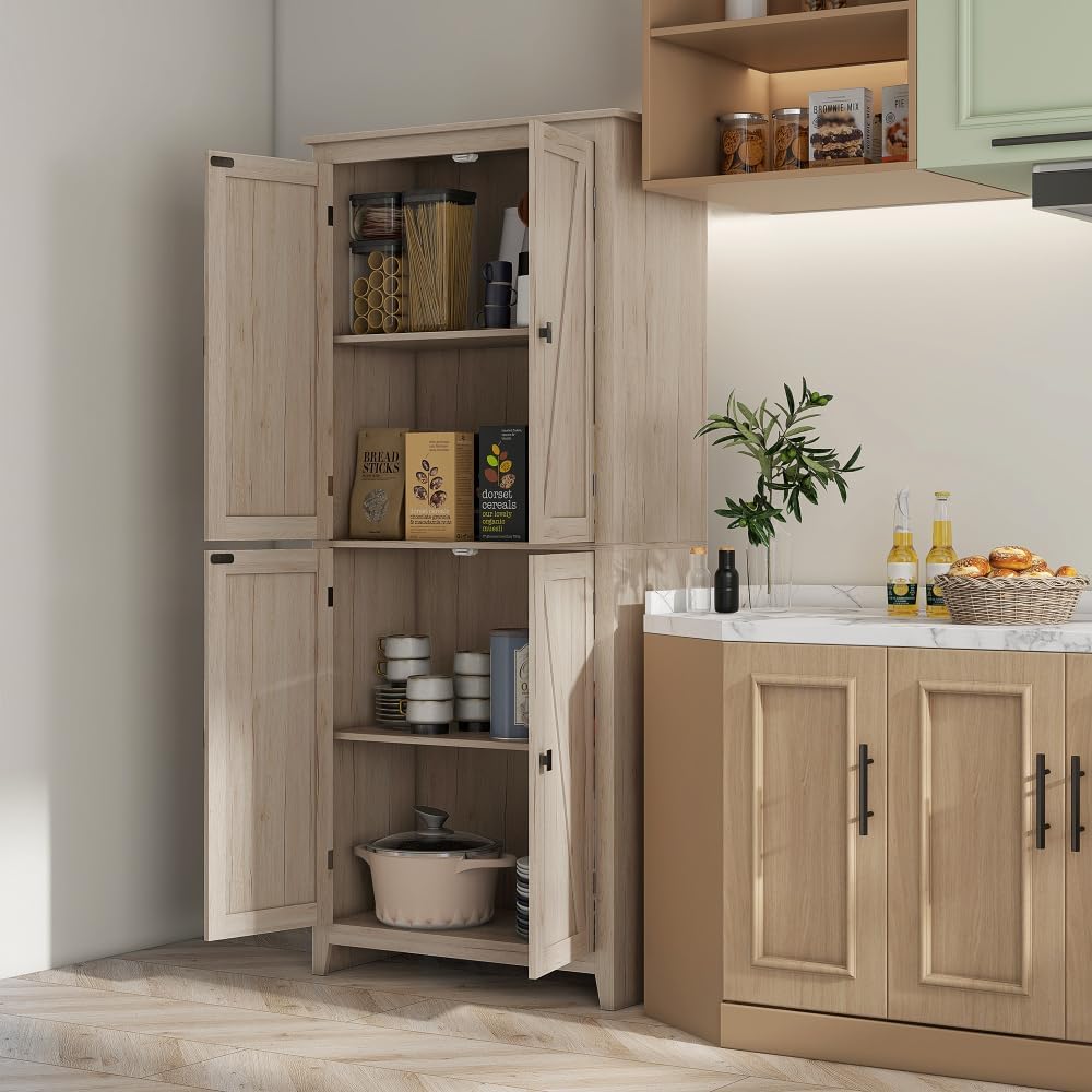 72" Freestanding 4-Door Kitchen Pantry, Storage Cabinet Organizer with 4-Tiers, and Adjustable Shelves, Natural