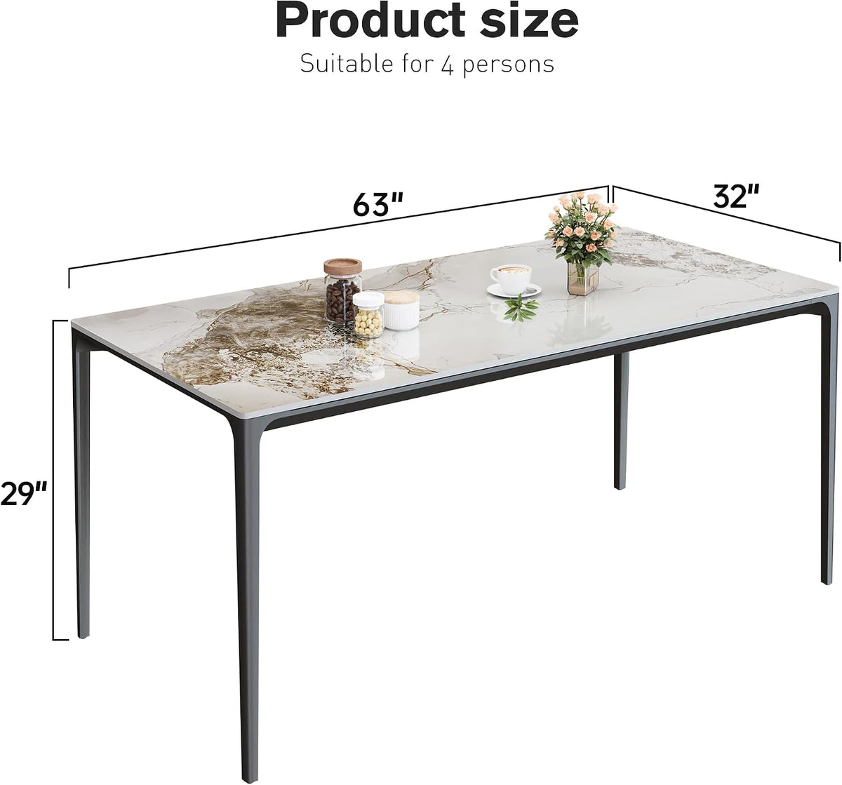 63" Dining Table with Laminate Marble Sintered Stone White Tabletop and Metal Legs, Kitchen Table, Dining Room Table for 4-6 People, Scratch Resistant, Easy to Clean