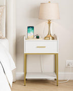 Nightstand with Charging Station, Modern Bedside Table with Drawer and Legs,White and Gold Night Stand with Open Shelf, Narrow Side Table for Bedroom, Living Room