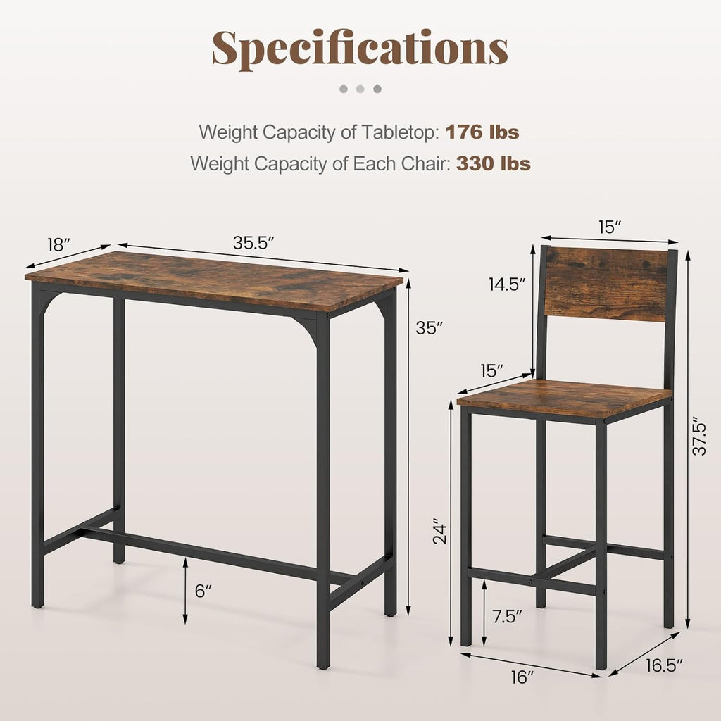 GIANTEX 3-Piece Bar Table and Chair Set with 2 Counter Height Bar Stools, Breakfast Nook Table Set for Small Space, Dinette, Pub, Kitchen, Apartment, Restaurant, Dining Table Set for 2 (Brown)