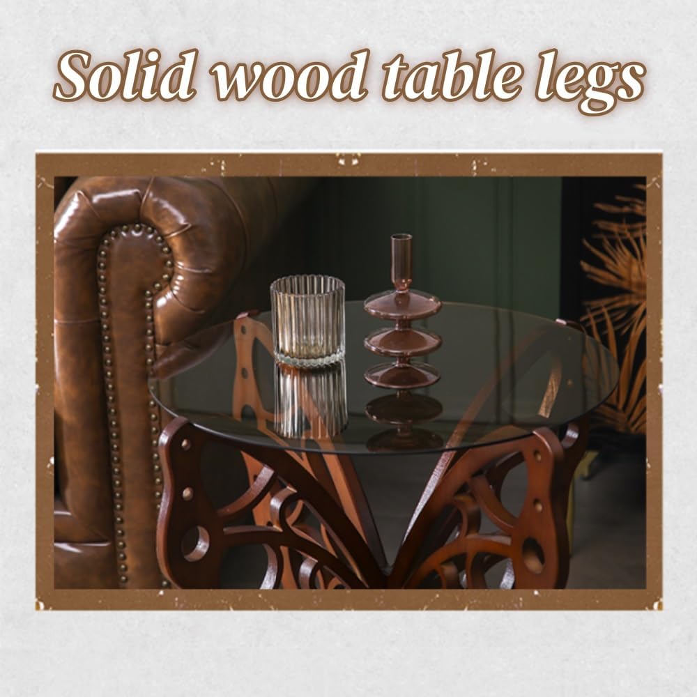 Butterfly Side Table, Tempered Glass Coffee Table with Solid Wood Base, Small Decorative End Table for Living Room, Balcony, and Bedroom(Clear)