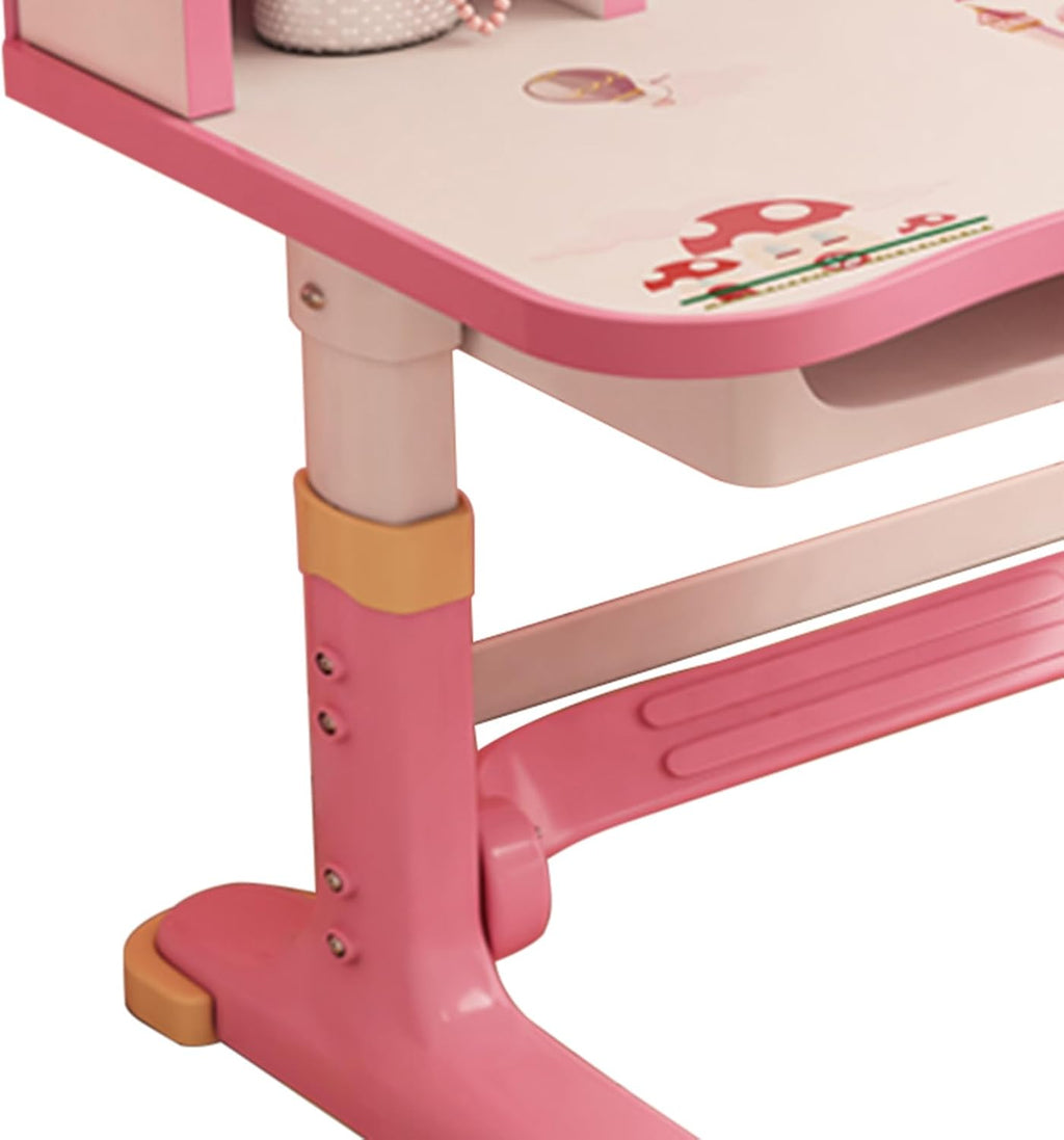 Kids Desk and Chair Set, Height Adjustable Kids Desk with Storage Drawers and Bookshelf, Ergonomic Table for Kid (Pink)