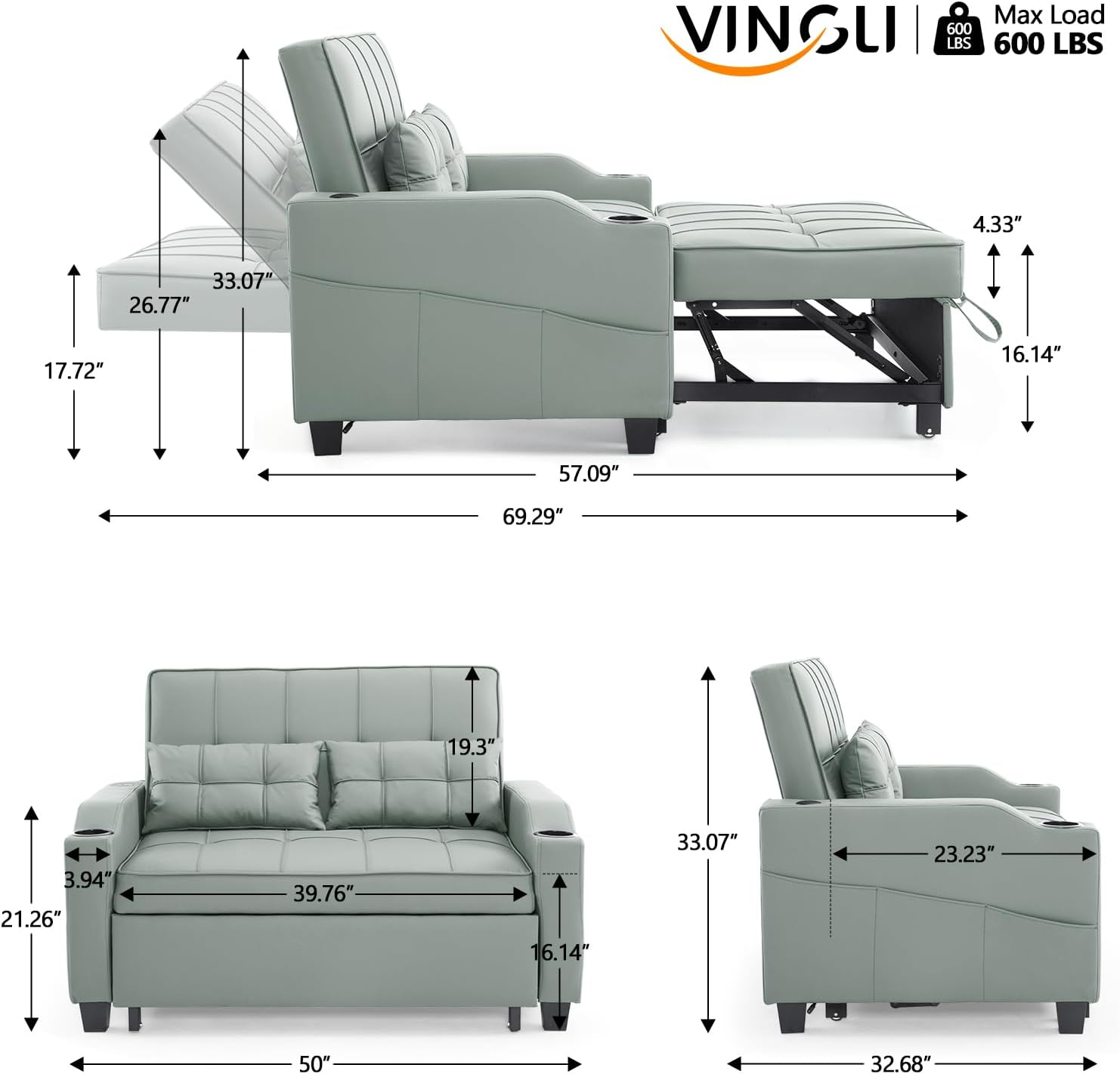 VINGLI Convertible Loveseat Sleeper Sofa Bed, Pullout Couch for Living Room | Light Green Futon Sofa Bed, Faux Leather Pull-Out Couch Bed with USB Ports, Cup Holders for Small Space, Apartment, Office