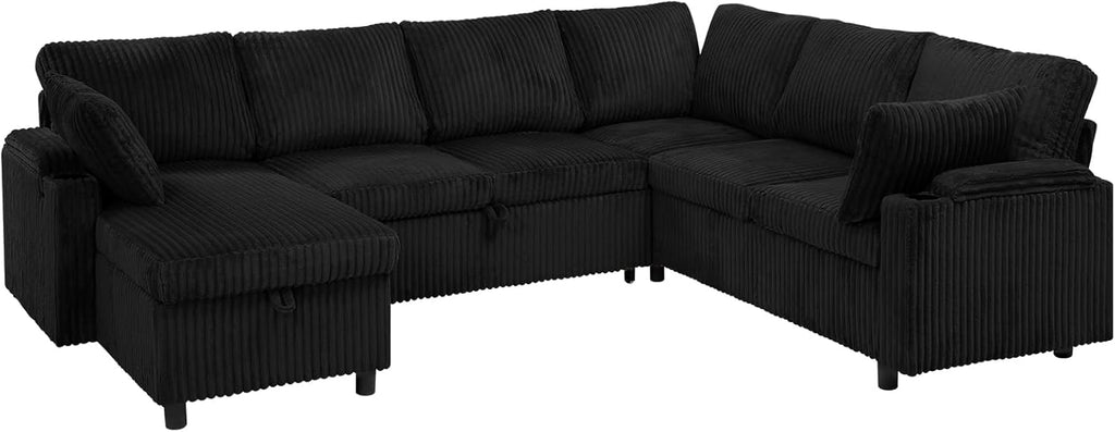 110” Corduroy Sectional Sofa w/Pull Out Bed & Storage Chaise, Reversible U Shaped Sofa w/Storage Armrests & Cup Holders, Corner Couch w/USB Charging Port & Throw Pillow for Living Room, Black