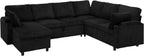 110” Corduroy Sectional Sofa w/Pull Out Bed & Storage Chaise, Reversible U Shaped Sofa w/Storage Armrests & Cup Holders, Corner Couch w/USB Charging Port & Throw Pillow for Living Room, Black