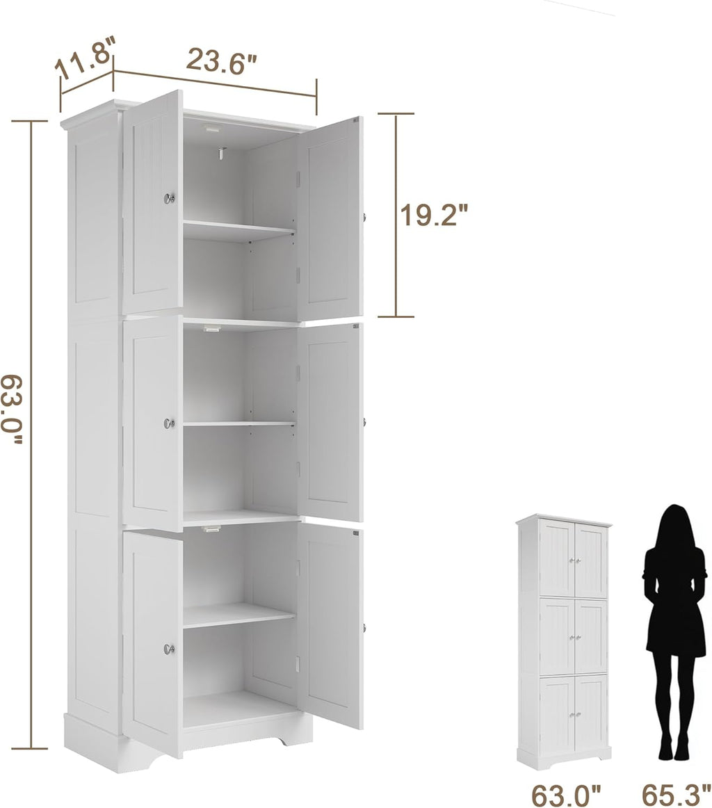 ChooChoo 63.2" Tall Bathroom Storage Cabinet with 6 Doors | Freestanding Floor Cabinet, Adjustable Shelves, Pantry Cabinet for Bathroom, Kitchen, Laundry Room, White