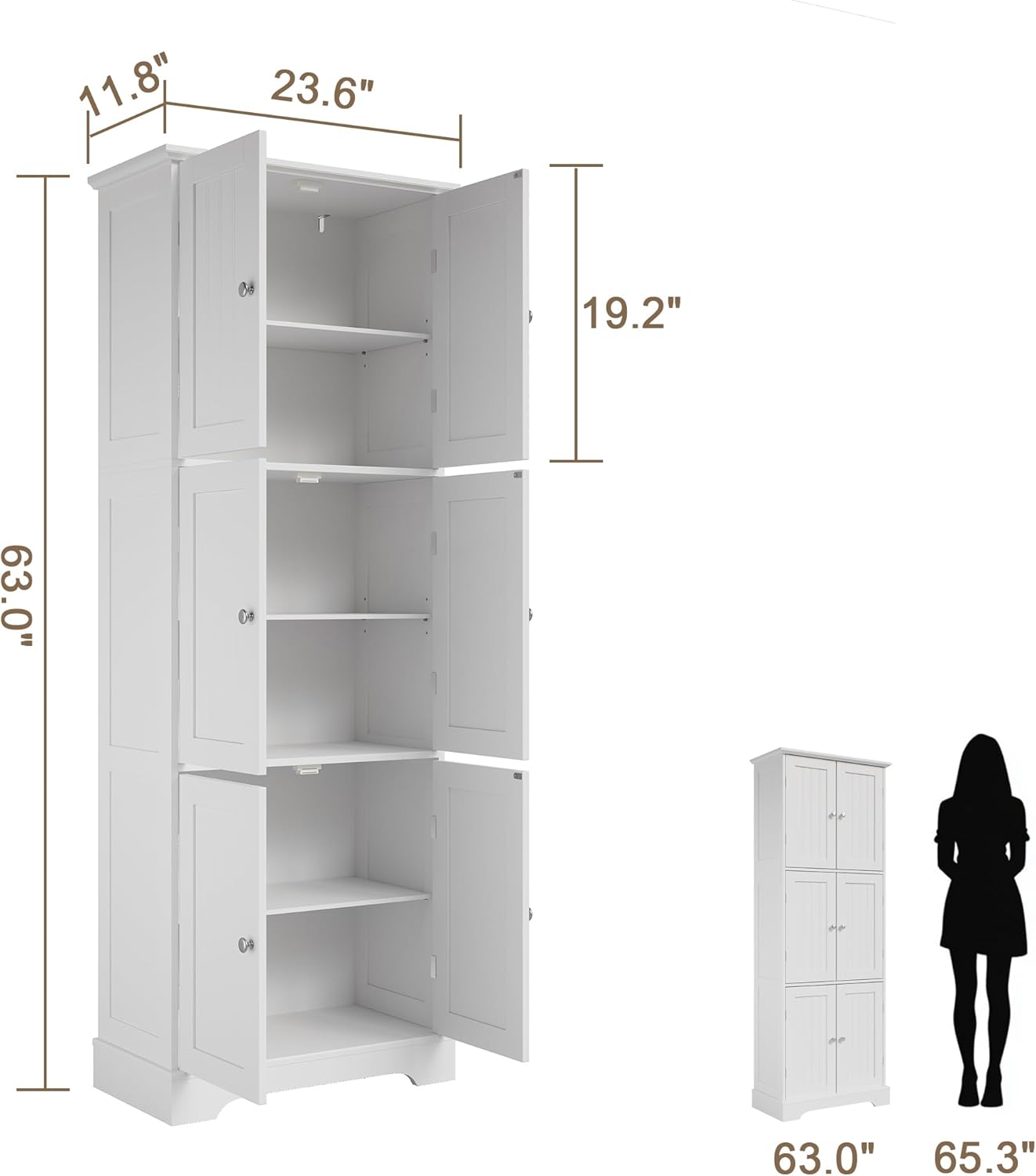 ChooChoo 63.2" Tall Bathroom Storage Cabinet with 6 Doors | Freestanding Floor Cabinet, Adjustable Shelves, Pantry Cabinet for Bathroom, Kitchen, Laundry Room, White