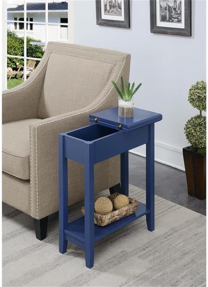 Pemberly Row Contemporary Flip Top End Table, 24" H x 11" W x 23" D, Blue Wood Finish, Narrow Silhouette with Storage Compartment, Hinged Tabletop, Functional Accent Table for Living Room or Bedroom