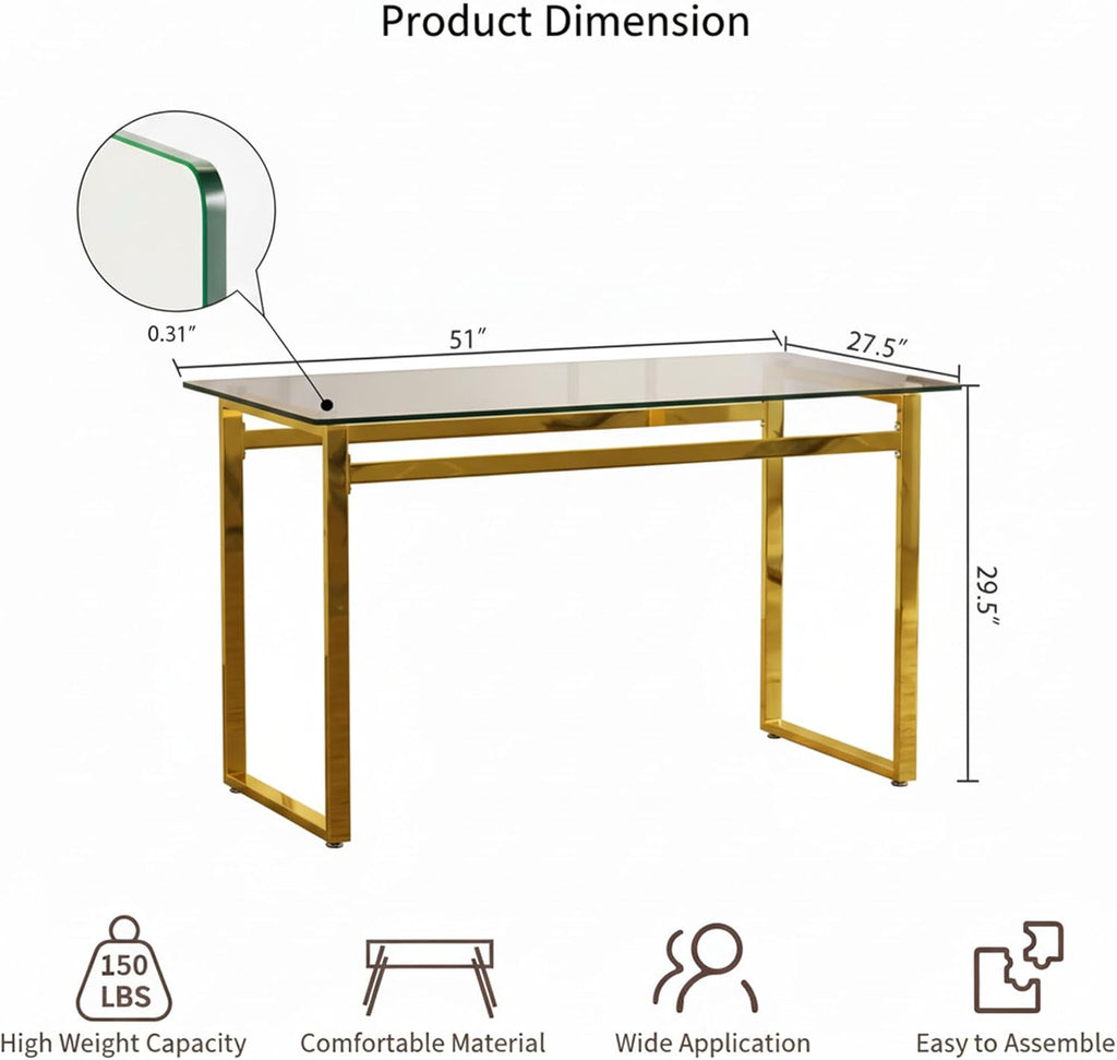 51''Glass Dining Table, Modern Rectangle Kitchen Table with Tempered Glass Tabletop and Metal Leg for 4, Writing Table Desk, for Kitchen Dining Living Room (Golden)