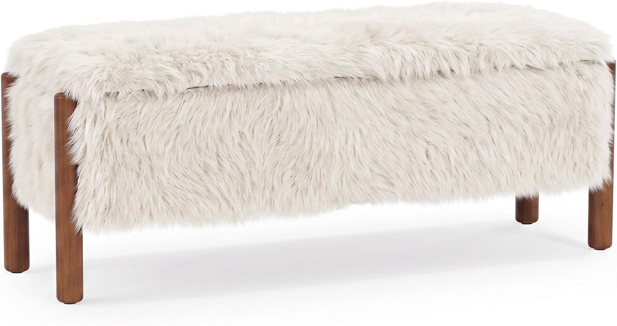 Modern Storage Benches with Walnut Wood Legs, 47'' Ottoman Bench with 20 Gallons Storage Space for Bedroom End of Bed, Faux Fur Fabric Upholstered Entryway Bench, Beige