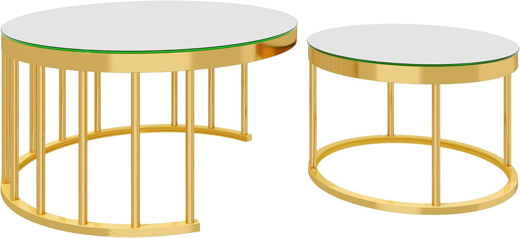 JIVOIT 2-Piece Round Nesting Coffee Table Set with Gold Metal Frame | Modern Circular Cocktail Table, Tempered Glass Tabletop, Accent Nesting Tables, Rounded Edge, Space-Saving, Living Room