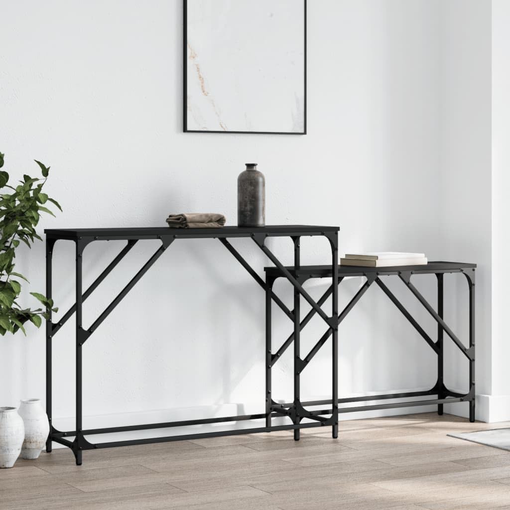 Nesting Console Tables 2 Pack Black Engineered Wood | Metal Frame, Industrial Style, Space Saving, Versatile for Living Room or Hallway