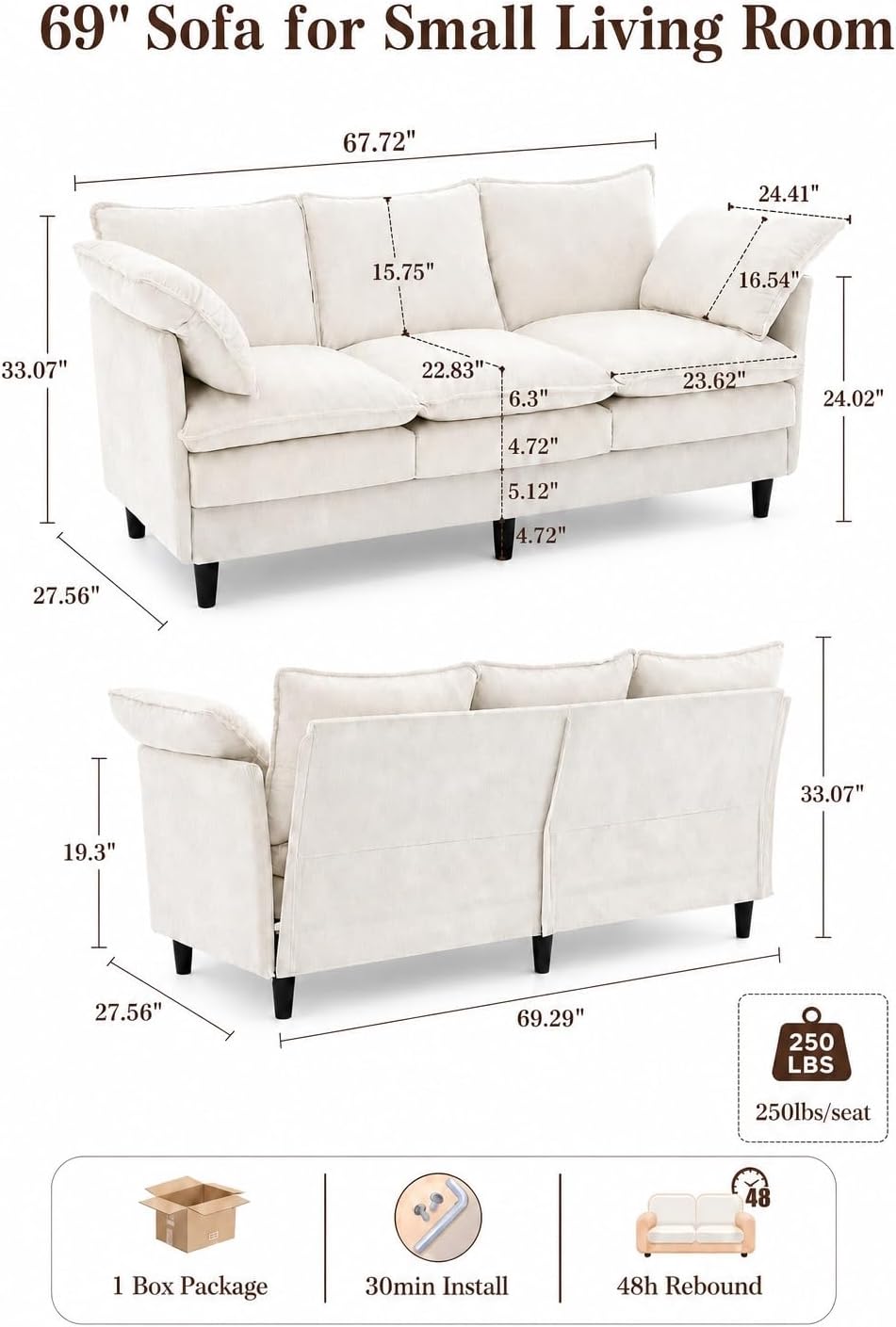 KYJ 69” Small Sofa, Cloud 3-Seat Love Seat, Small Couch for Living Room | 3 Layer Cushion, Washable Pillow, Deep Seat, Chenille Fabric, Raised Leg, Curved Armrest, In a Box for Small Spaces, Beige