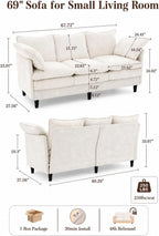 KYJ 69” Small Sofa, Cloud 3-Seat Love Seat, Small Couch for Living Room | 3 Layer Cushion, Washable Pillow, Deep Seat, Chenille Fabric, Raised Leg, Curved Armrest, In a Box for Small Spaces, Beige