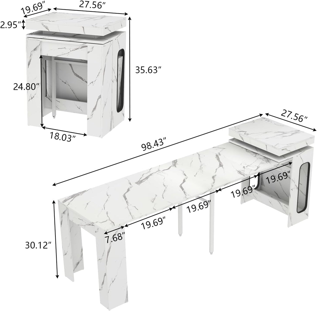 Extendable Dining Table with Charging Station, Convertible Folding Console Table for 6-8 People, Space-Saving Dining Table with LED Lights, Wood Rectangle Kitchen Table, Marble White (No Chairs)