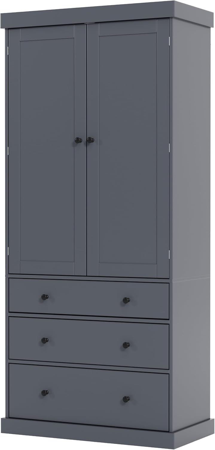 LUMISOL Kitchen Pantry Sideboard, 77” High Freestanding Large Cupboard Storage Cabinet with 3 Drawers, 3 Adjustable Shelves, 8 Door Shelves for Kitchen, Dining Room, Grey