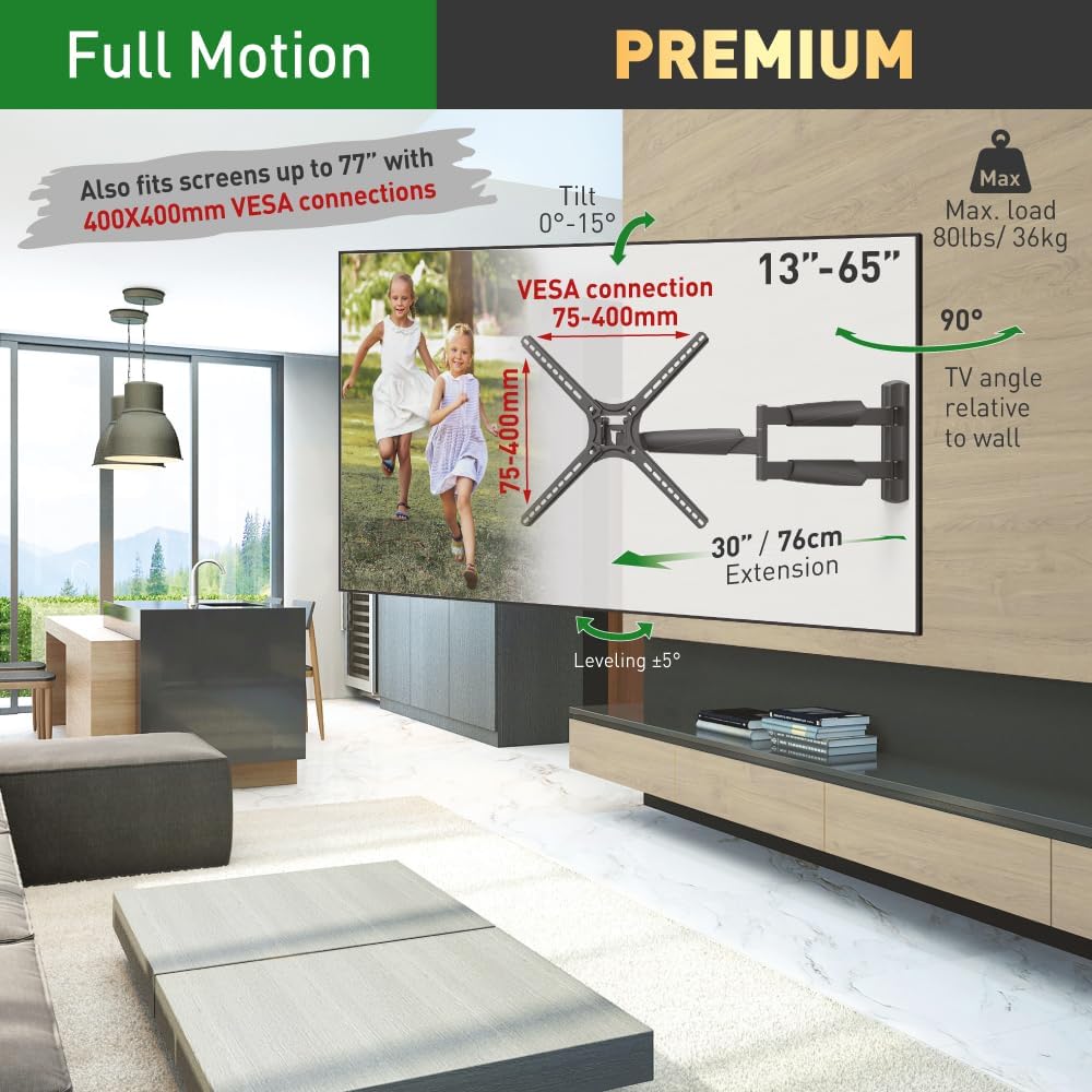 Barkan 30'' Long TV Wall Mount, 13-65 inch Full Motion Articulating - 4 Movement Flat/Curved Screen Bracket, Holds up to 80lbs, Extremely Extendable, Fits LED OLED LCD