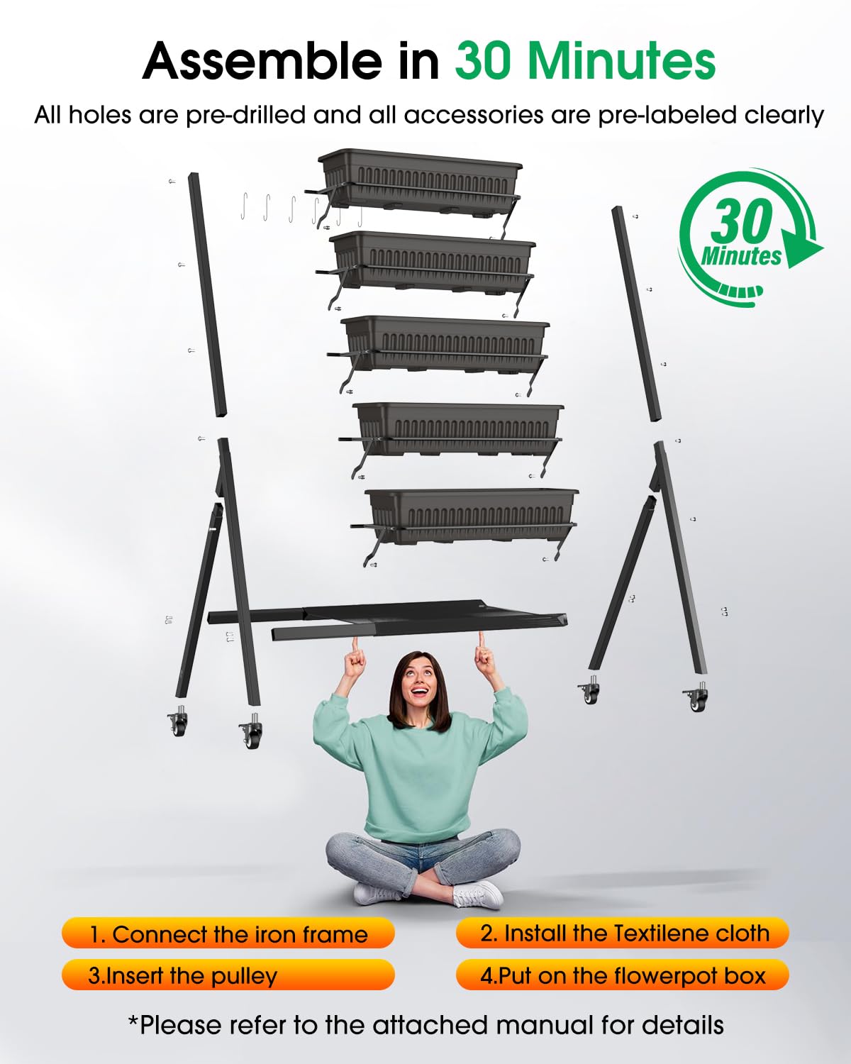 Olaiti 5-Tier Vertical Garden Bed Planter Boxes with Wheels, Drainage System & Storage Space, Mobile Vertical Garden Planter with 5 S-Hooks for Plants Vegetables Flowers Herbs in Garden Patio Yard