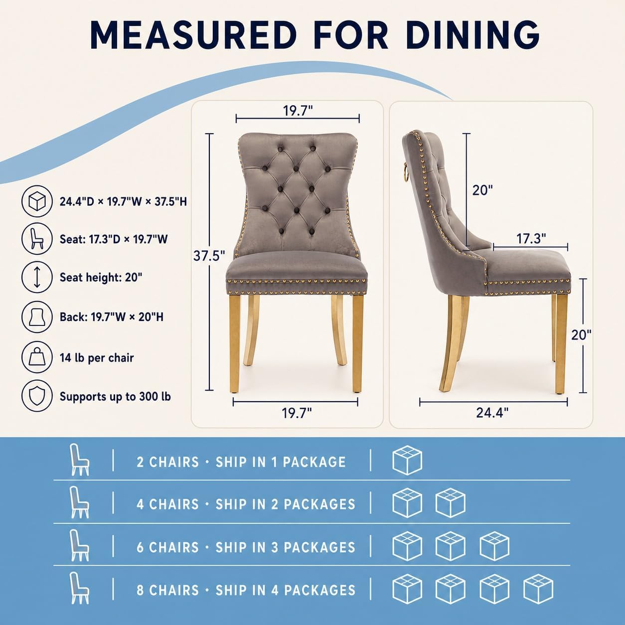 Upholstered Dining Chairs Set of 6, Velvet Wingback Chair with Ring Pull | Kitchen Chairs, Dining Room Chairs, Modern Dining Chair, Dinning Seat, Sillas de Comedor, Taupe Velvet, Gold Tube Legs