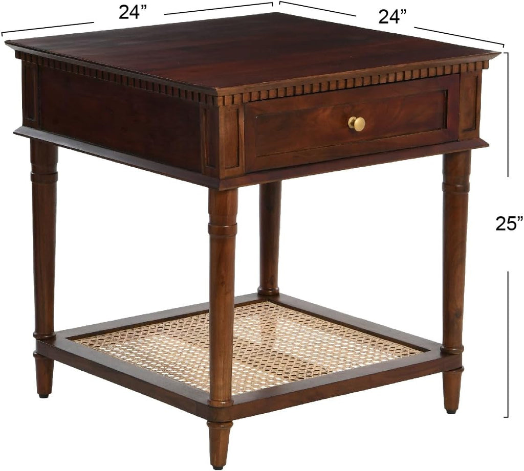 Creative Co-Op Maxwelton Solid Wood End Table with Drawer and Woven Cane Storage Shelf, Dark Chestnut and Natural