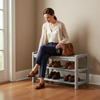 27-Inch Wooden Shoe Bench for Entryway, 3-Tier Storage Organizer, Rustic Shoe Rack Bench for Narrow Spaces, Brush Grey