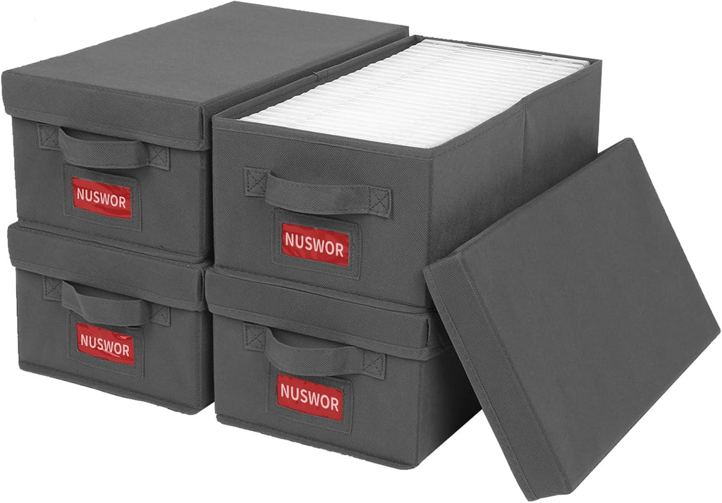 NUSWOR DVD Storage Box - DVD Storage Solutions 4Pack- Grey | Stackable DVD Case Holder Organizer - Holds up to 100 DVDs - 15.75 x 8.1 x 6.1 inches