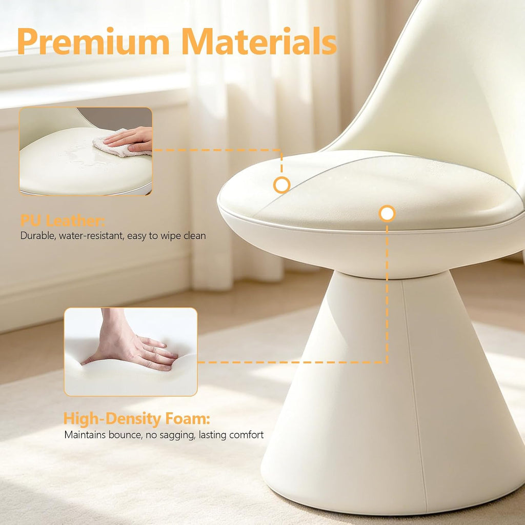 Swivel Vanity Chair, Multifunctional Upholstered Ottoman Foot Stool Leather with Mid Back for Makeup, Modern Vanity Stool for Vanity Bedroom Living Room, Dining Room