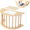 JOYMOR 5-in-1 Montessori Wooden Sensory Table with Collapsible Storage Basin & Blackboard, Multi-use Montessori Sensory Table Set for Kids and Toddlers with Arch Climber Rocker and Cushion