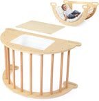 JOYMOR 5-in-1 Montessori Wooden Sensory Table with Collapsible Storage Basin & Blackboard, Multi-use Montessori Sensory Table Set for Kids and Toddlers with Arch Climber Rocker and Cushion