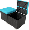 2 Wicker Ottomans, Multipurpose Outdoor Patio Ottoman Furniture, Additional Seating & Footrest, Outdoor Patio Storage Seating with Removable Cushions for Patio, Backyard (Blue)