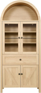 Arched Pantry Cabinet with Doors and Drawers,Farmhouse Kitchen Pantry Storage Cabinet,China Cabinets with Glass Doors,Dining Room Hutch(Natural)