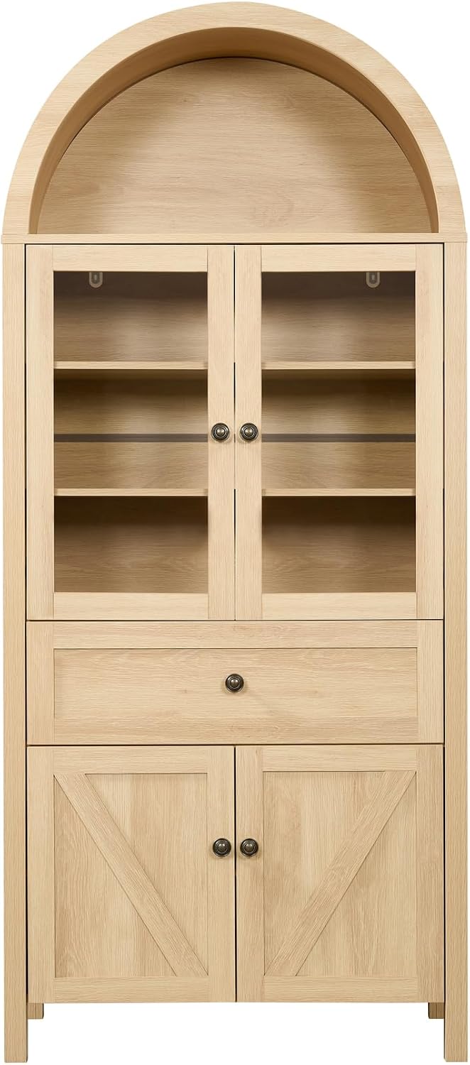 Arched Pantry Cabinet with Doors and Drawers,Farmhouse Kitchen Pantry Storage Cabinet,China Cabinets with Glass Doors,Dining Room Hutch(Natural)