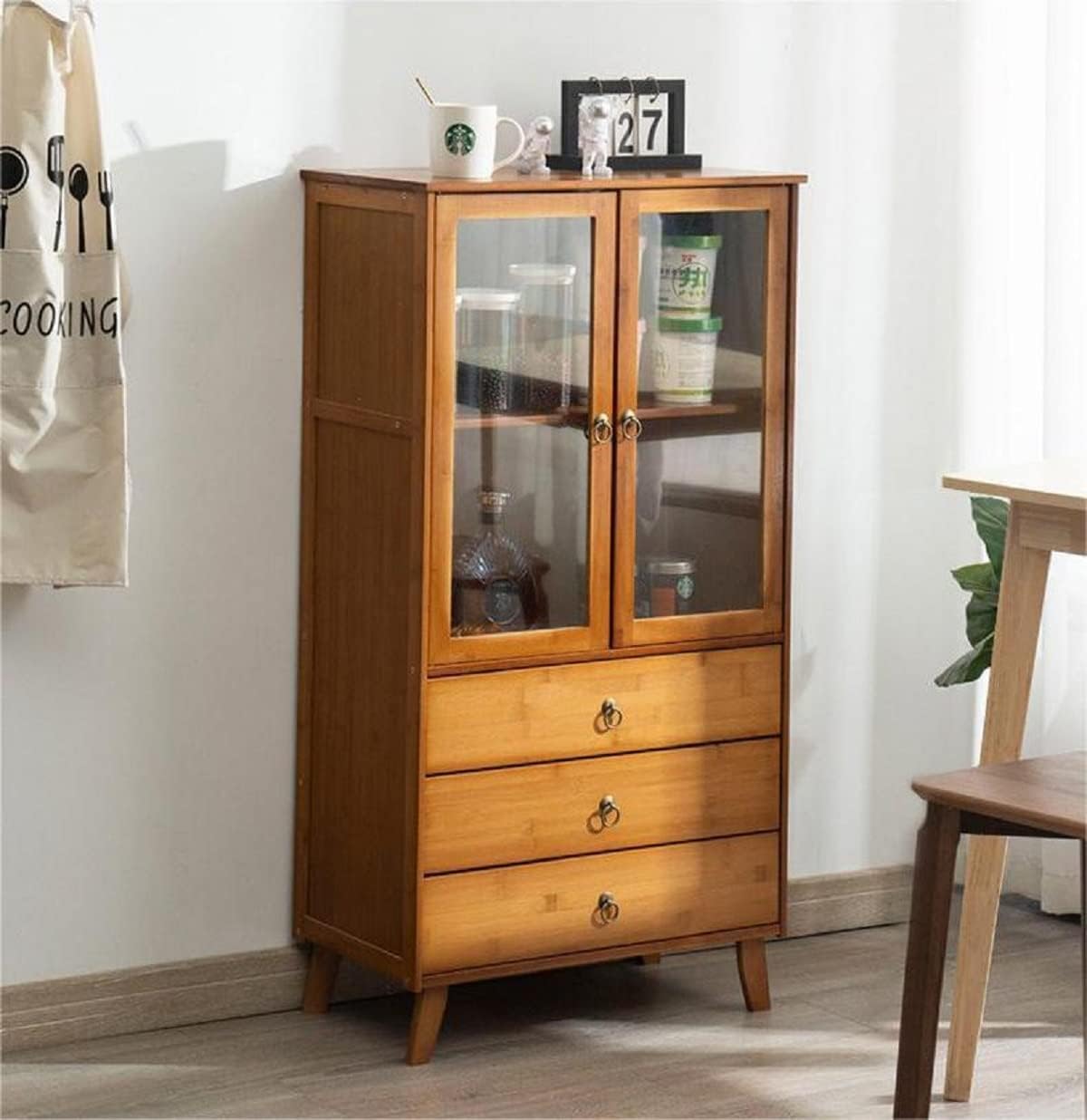 Gdrasuya10 Bamboo Buffet Sideboard Kitchen Pantry Storage Cabinet, 43inch Pantry Sideboard Cabinet with 3 Drawers Kitchen Cupboard Buffet Server Coffee Bar Storage Cabinét for Dinning Room