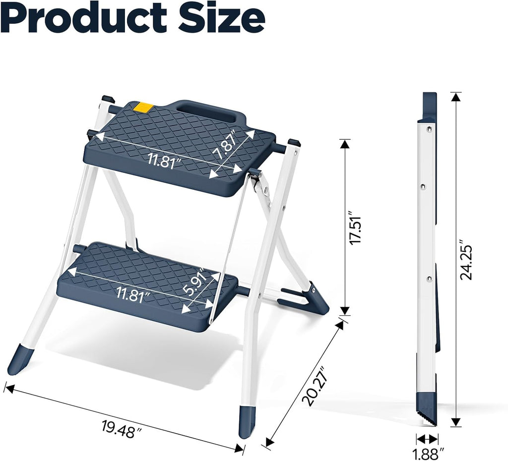 URACKIFY 2 Step Stool Ladder, Folding Step Ladders for Home, 330lb Cap,Blue | Non-Slip Feet, Release Button for Safety, Lightweight Foldable Step Stool for Kitchen & Farage Use. Easy to Carry & Store
