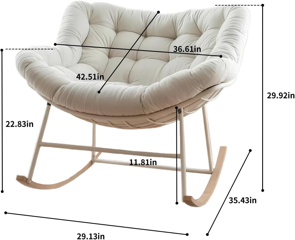 Oversized Papasan Rocking Chair with Thickened Cushion, Heavy-Duty Cozy Egg Chair, Large Comfy Lounge Chair for Reading, Relaxing & Bedroom Living Room, White