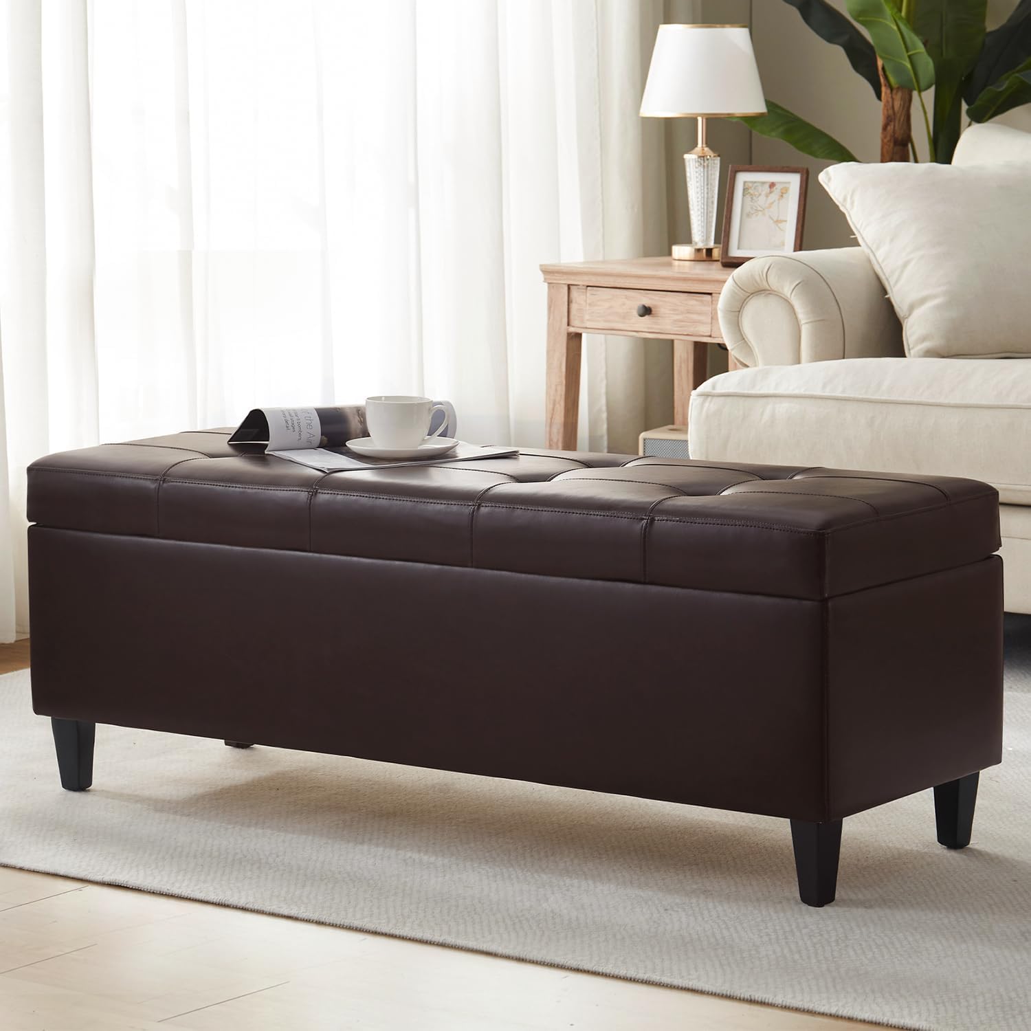 50.5 Inch Storage Ottoman Bench, Faux Leather Tufted Upholstered Bedroom Bench with Safety Hinges, Supports 300 lbs, Large Storage Bench for Living Room, Entryway (Brown)