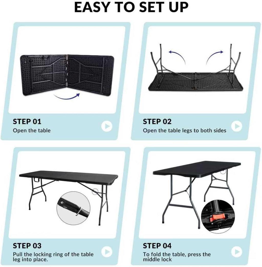 Folding Table 6ft Foldable Table with Built in Handle & Steel Legs / 6FT Heavy Duty Folding Portable,Perfect for Party, Dining Indoor/Outdoor Events, Tailgating & Backyard BBQ, Black