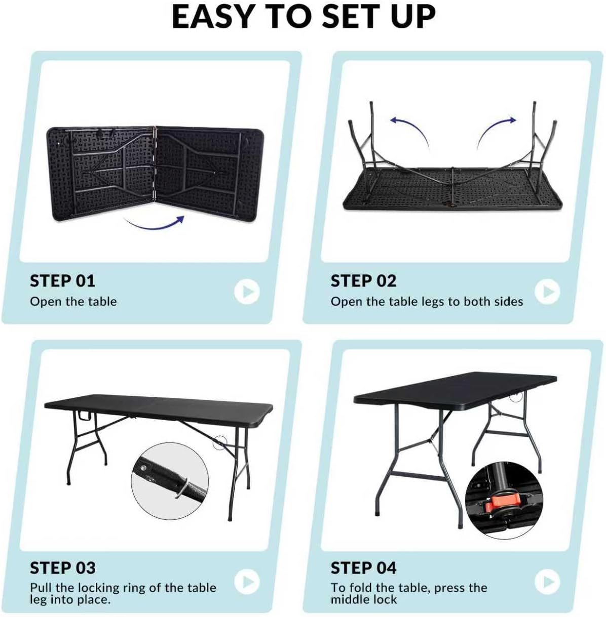 Folding Table 6ft Foldable Table with Built in Handle & Steel Legs / 6FT Heavy Duty Folding Portable,Perfect for Party, Dining Indoor/Outdoor Events, Tailgating & Backyard BBQ, Black