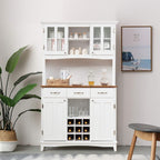 Moccha Kitchen Hutch with Storage, Farmhouse Buffet Cabinet Cupboard with Glass Doors, Drawers, Wine Rack, Adjustable Shelves, Pantry Storage Cabinet Sideboard for Living Room, Dining Room, White