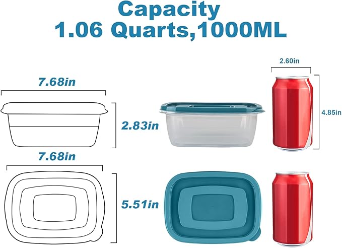 5PCS Food Containers Storage Sets(1000ML per Box),BPA-Free Rectangle Plastic Food Containers with Lids-Stackable Food Storage Box for School,Work,Travel and Meal Prep(Microwave and Fridge Safe)